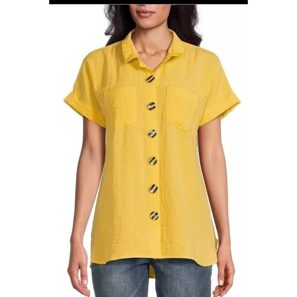 John Mark Crinkle Dolman Sleeve Button Up Short Sleeved Shirt Sz M Yellow Boho